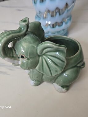 Source Unknown Green Ceramic Elephant Planter